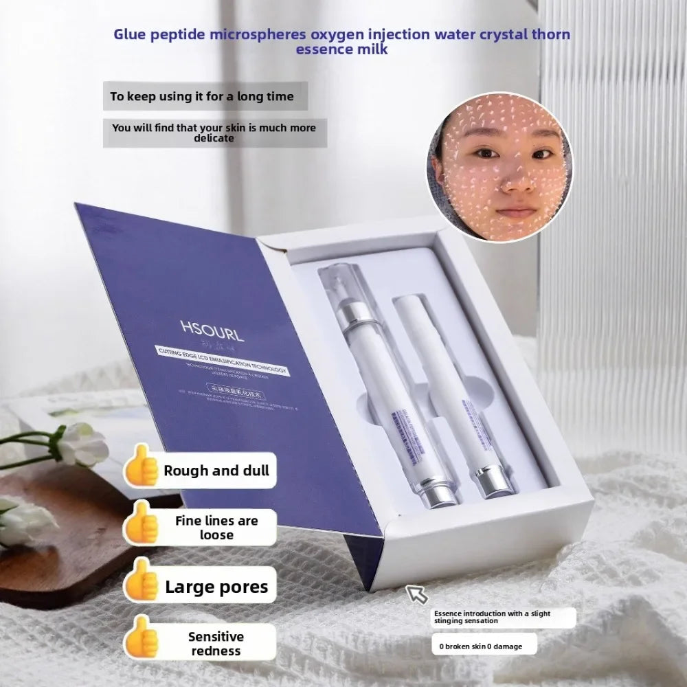 Skincare product set with packaging and a close-up of skin texture on a white background