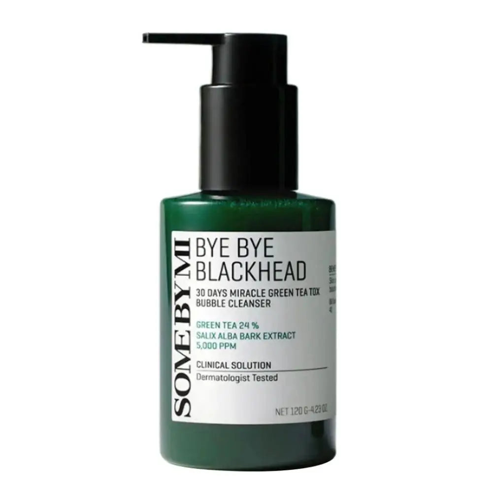 Bottle of 'Bye Bye Blackhead' cleanser with green label on white background