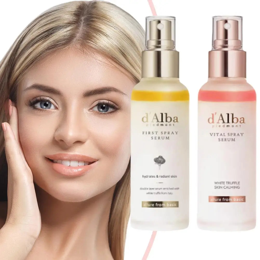 Woman with blonde hair and blue eyes next to two d'Alba skincare products on a white background