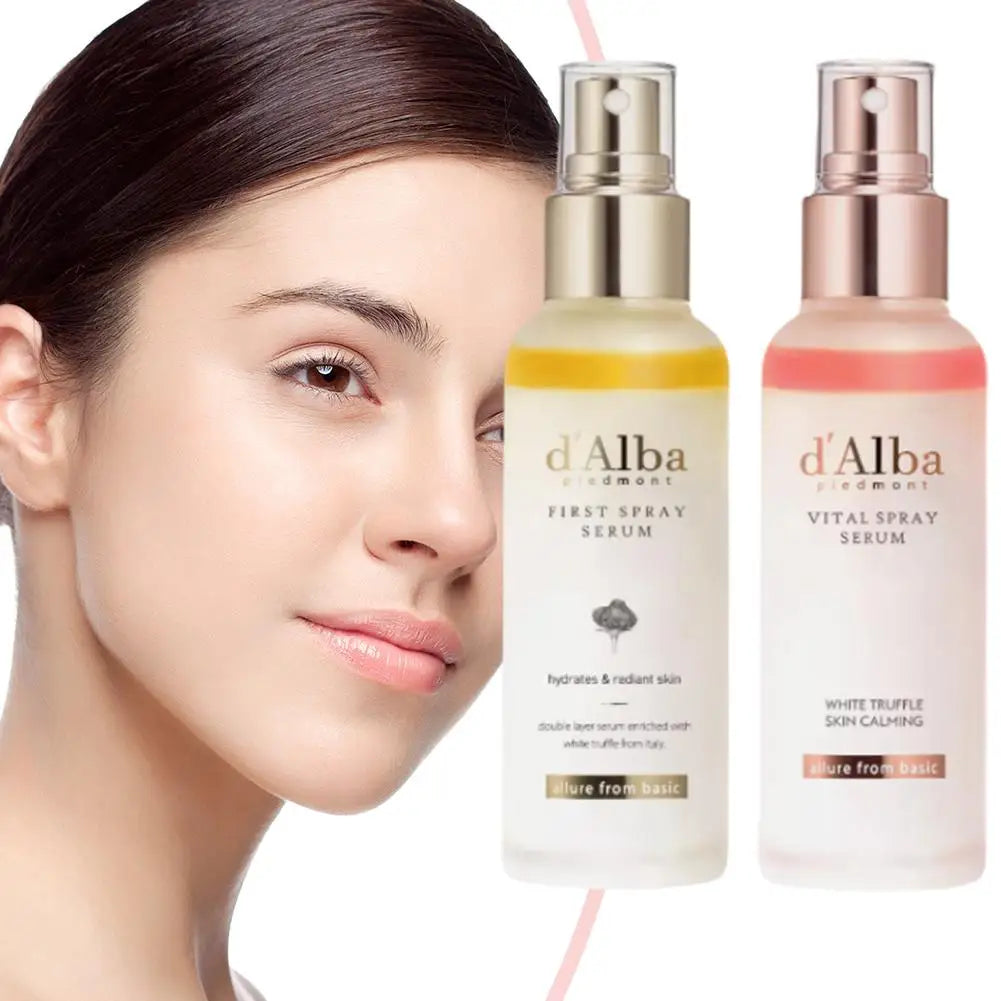 Woman's face with d'Alba skincare products on a white background