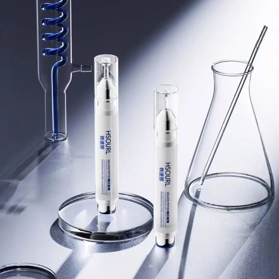 Two HSOURL skincare products on a reflective surface with laboratory equipment in the background