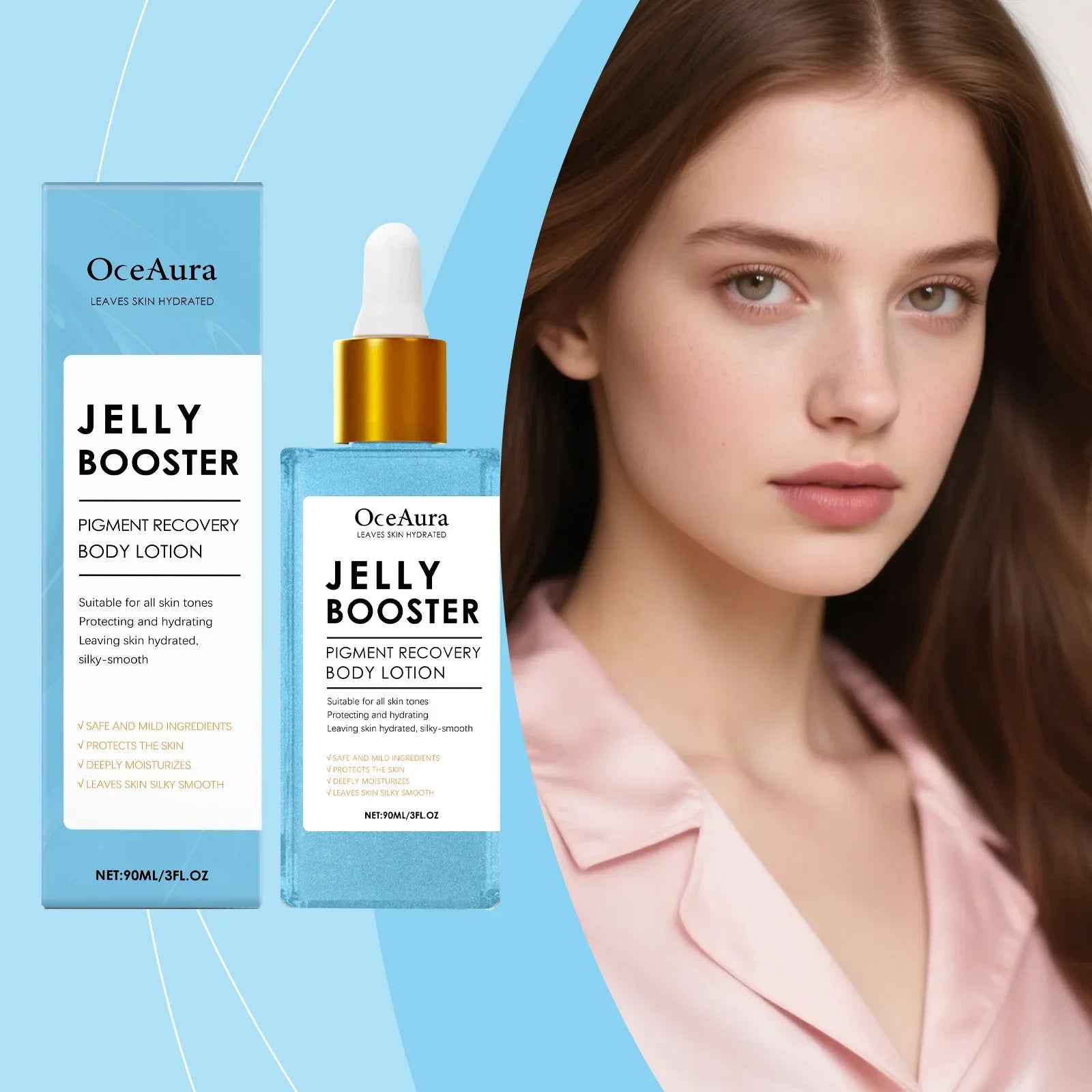 OceAura Jelly Booster Pigment Recovery Body Lotion with a model on a light blue background