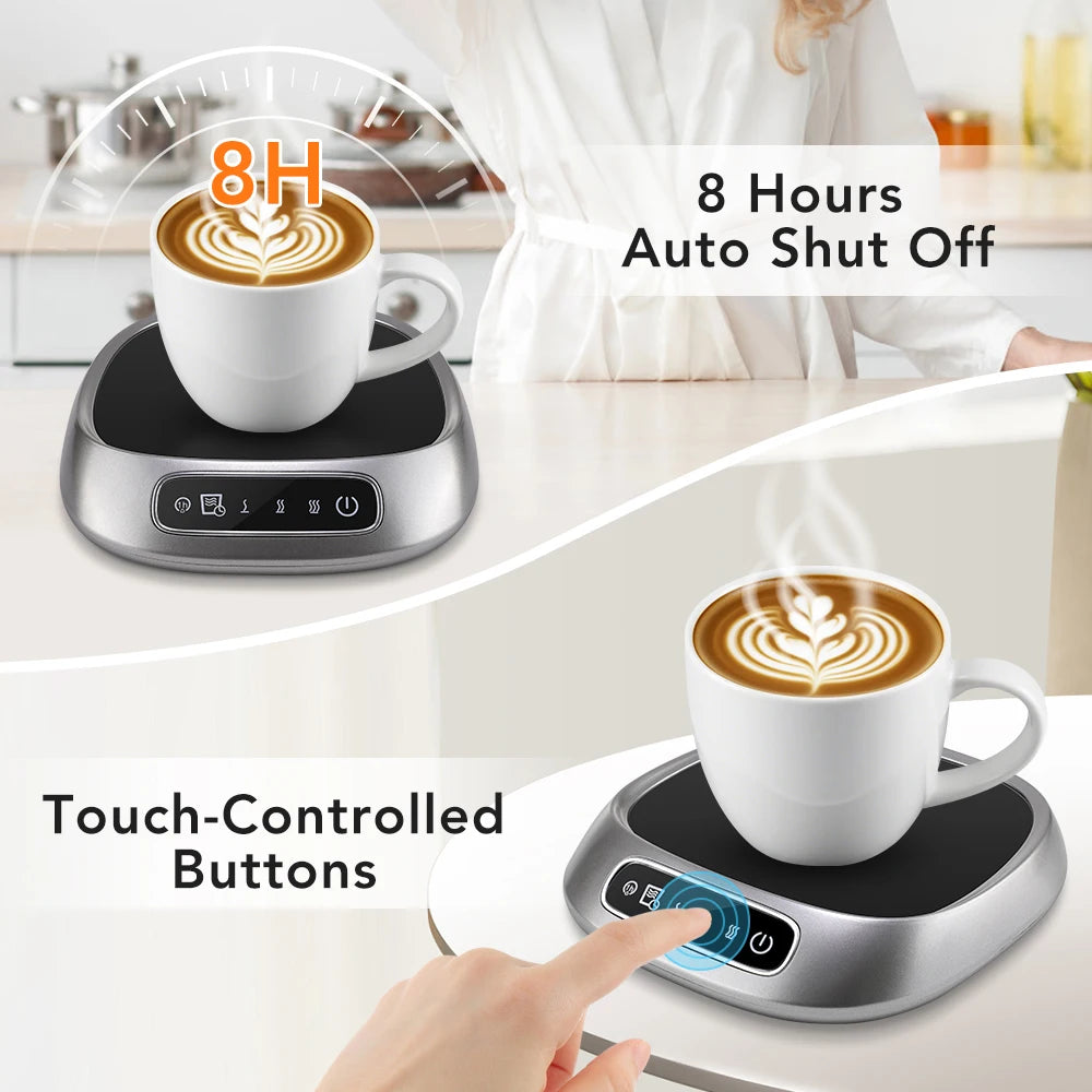 Electric coffee warmer with 8-hour auto shut-off feature and touch-controlled buttons.