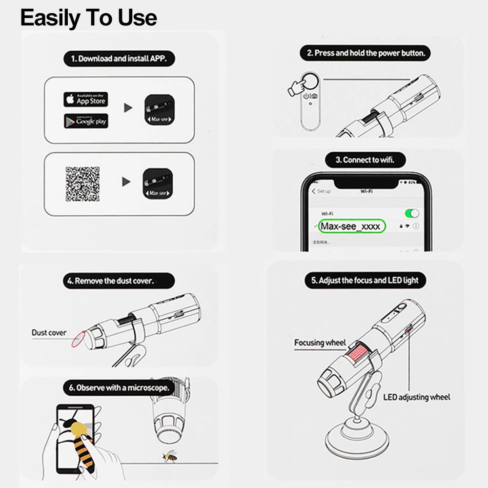 Step-by-step guide on how to use a microscope with smartphone app on a white background