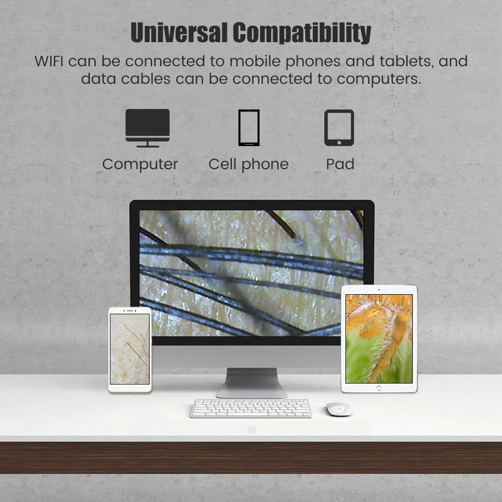 Electronic devices including a computer, cell phone, and tablet on a desk with text about universal compatibility.