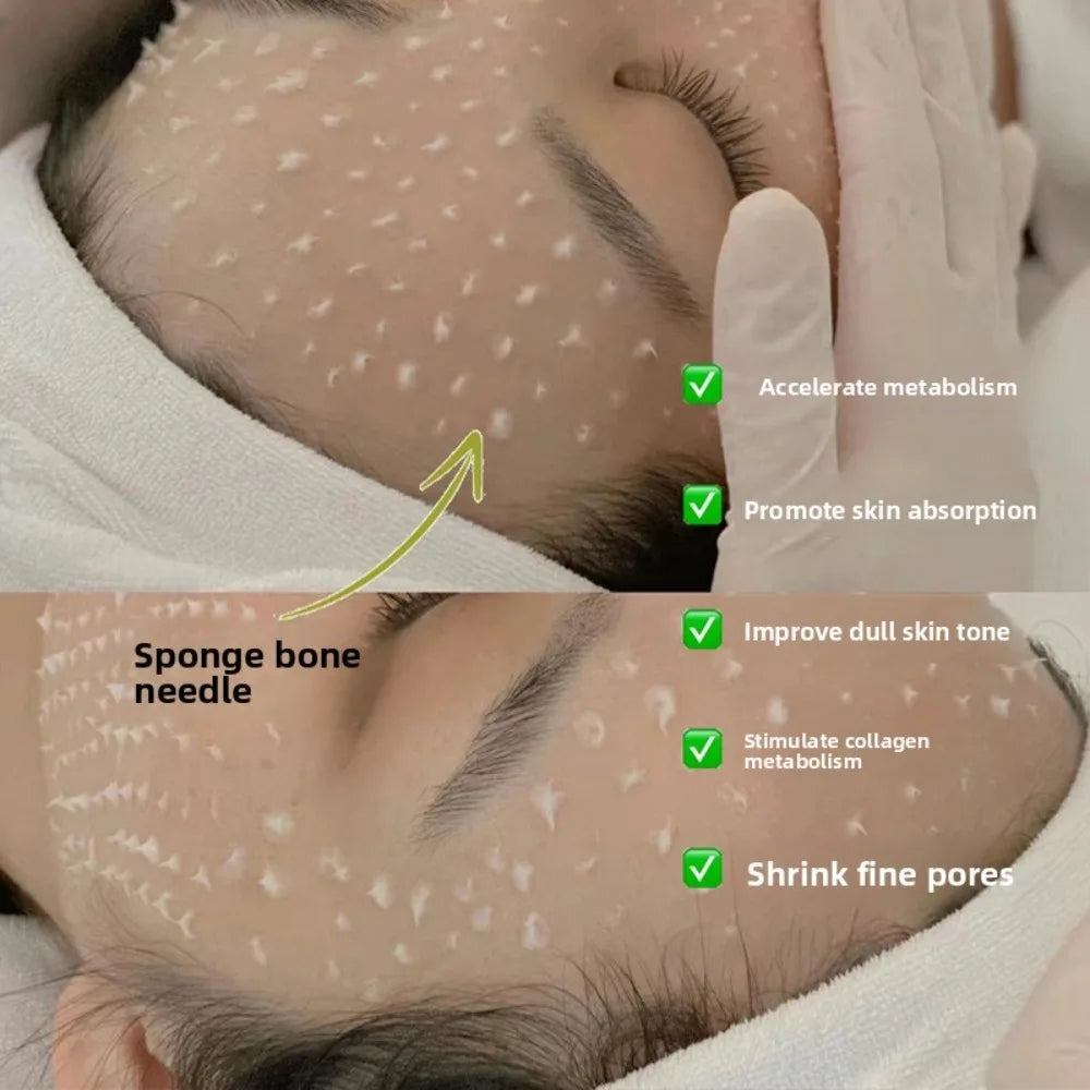 Facial treatment with gloved hand applying a substance to skin, showing text benefits.