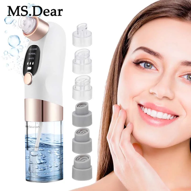 MS.Dear skincare device with attachments and a woman touching her face.