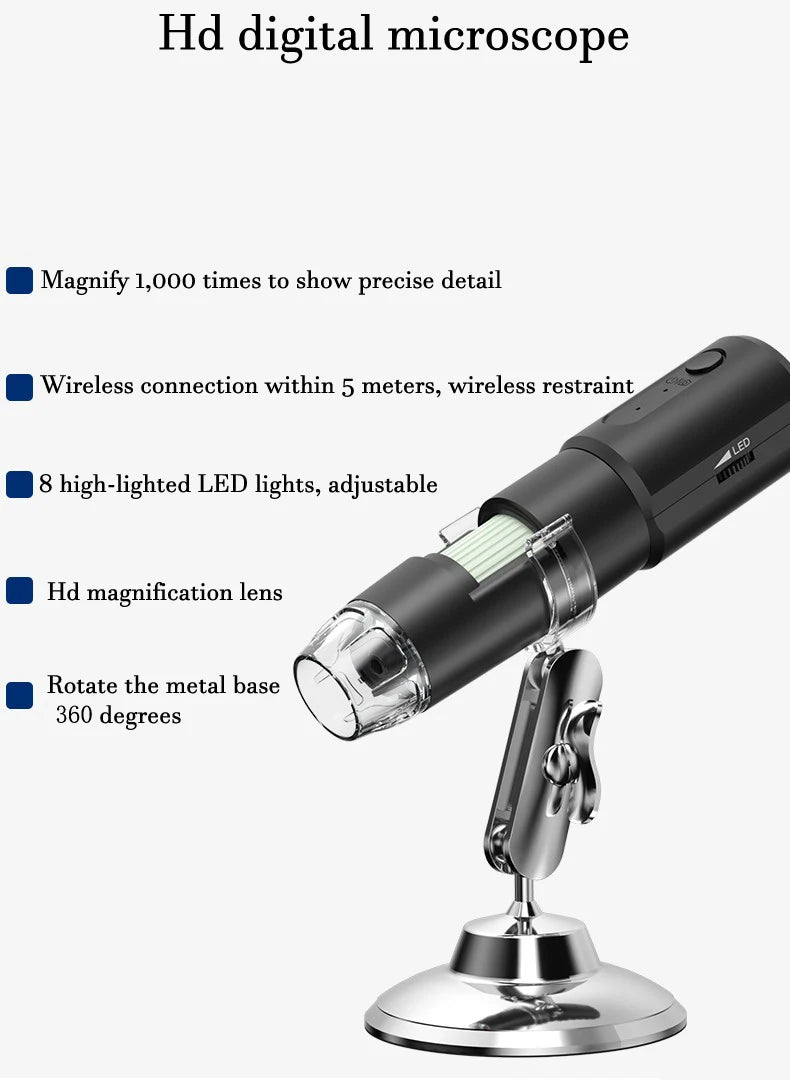 Digital microscope with features listed on a white background