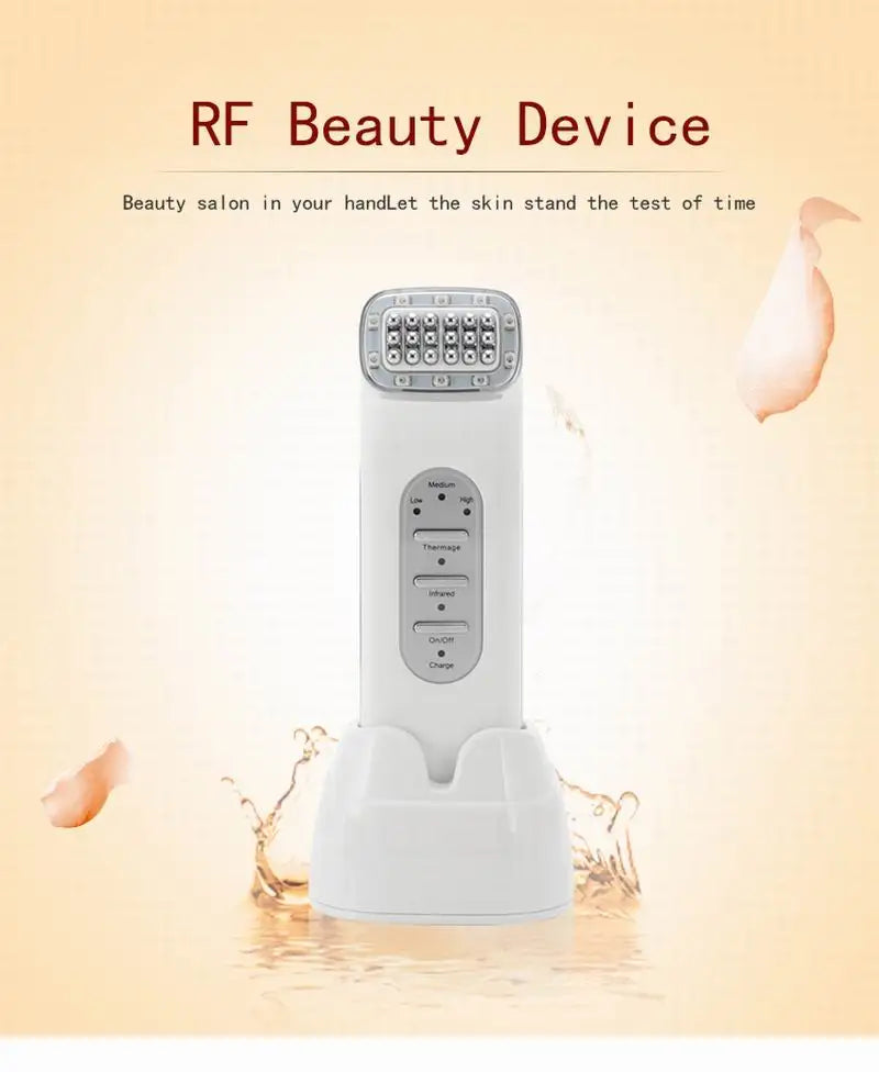 RF Beauty Device with text on a beige background
