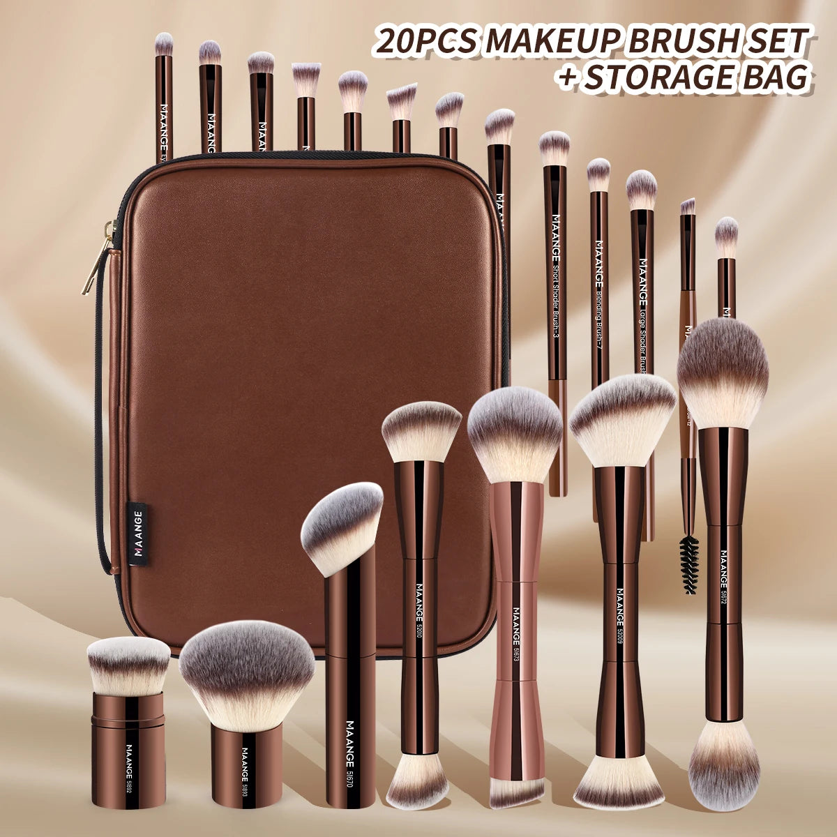 Makeup brush set with storage bag on a beige background