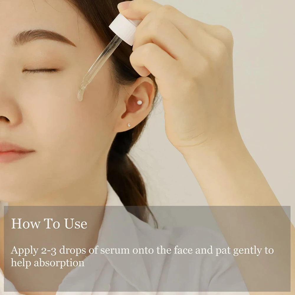 Person applying serum to face with text on how to use.