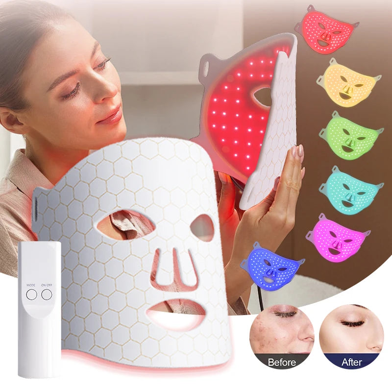 Woman using a LED face mask with color-changing lights and before-and-after effects shown.