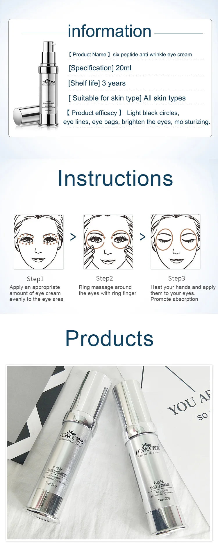 Cosmetic product packaging with application instructions and branding.