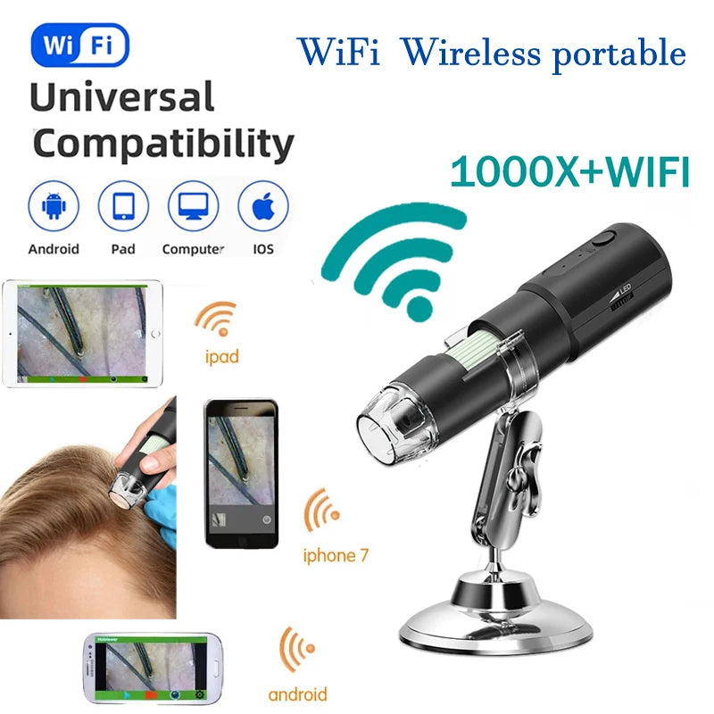 WiFi wireless portable microscope with compatibility icons on a white background