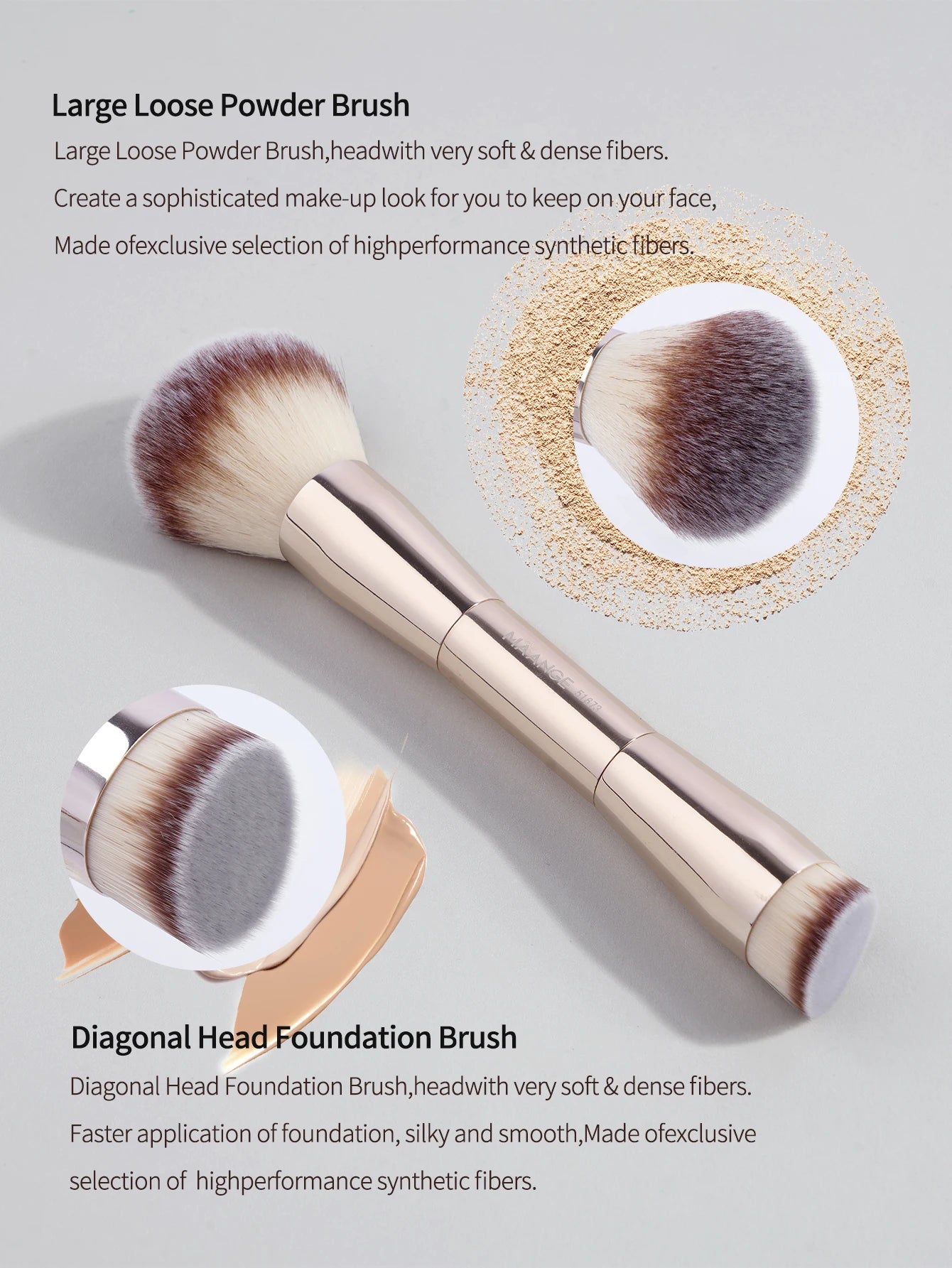 Makeup brushes with text describing their features on a light gray background