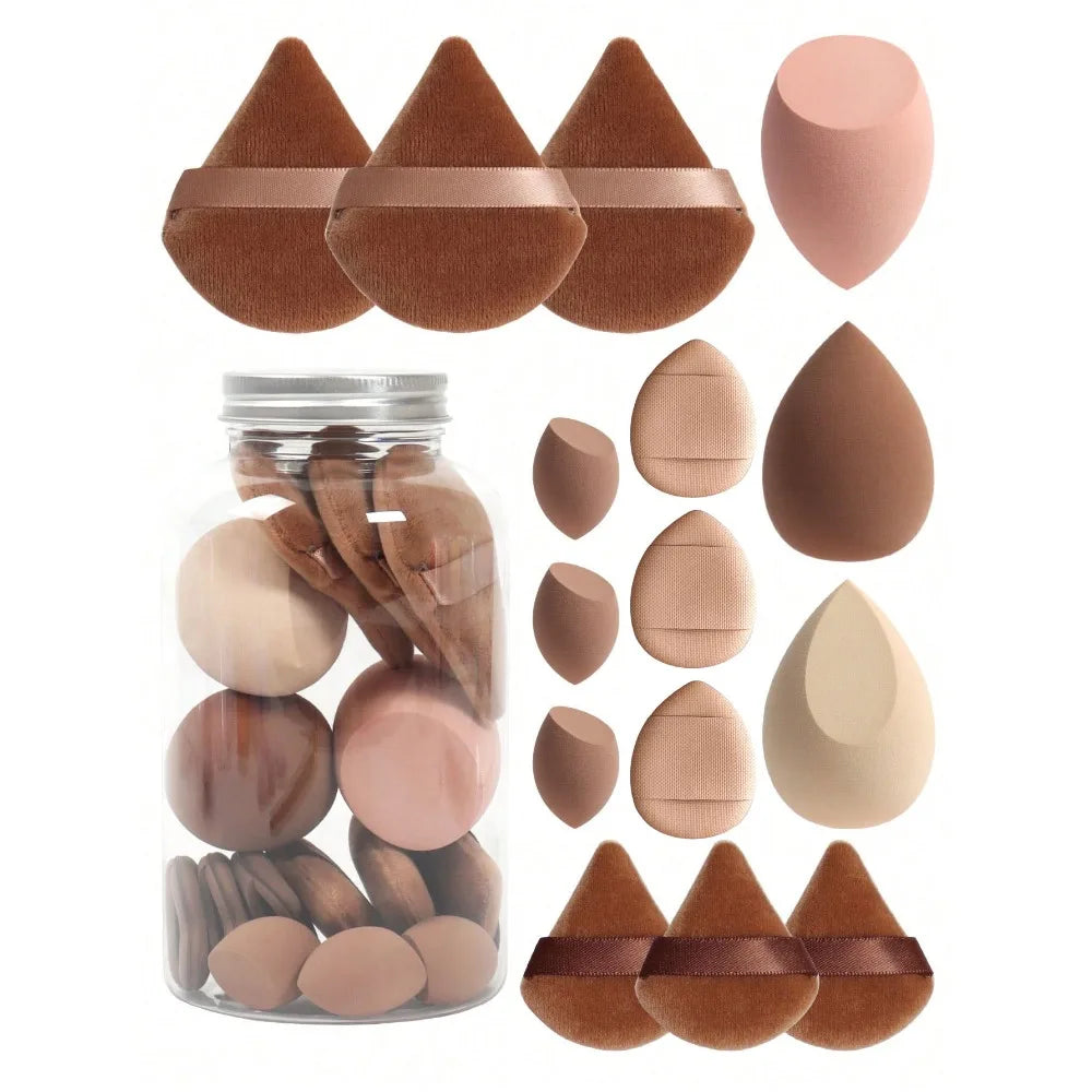 brown makeup sponge blender with triangle powder puff and mini finger powder puff in a jar