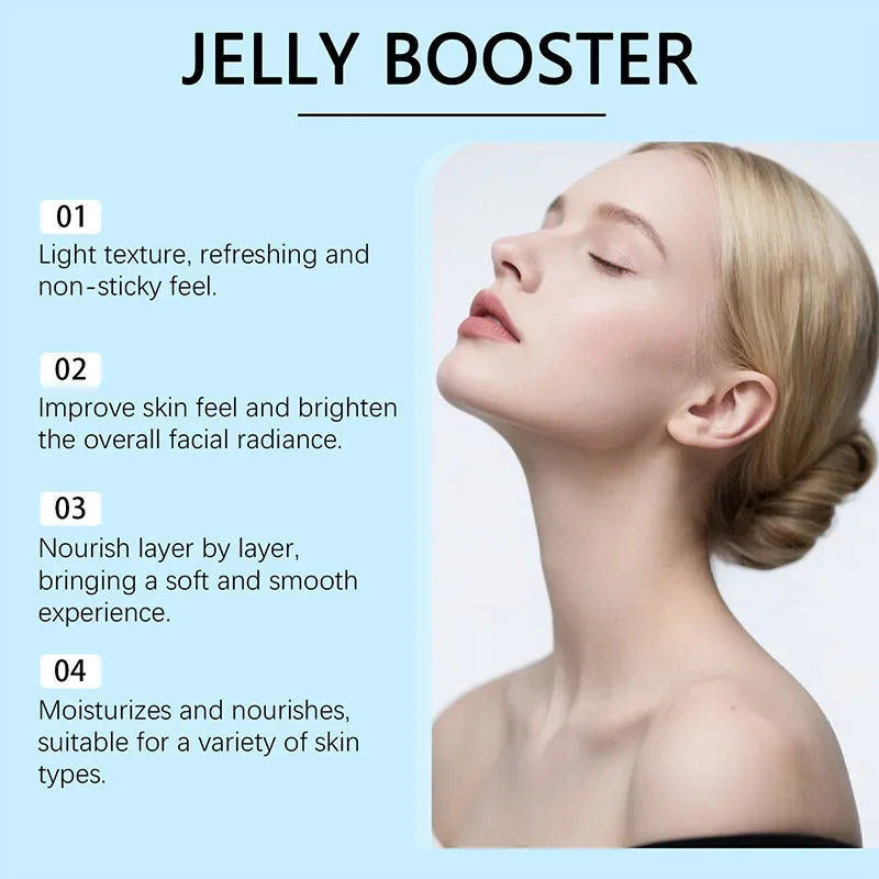 Advertisement for a jelly booster product with a woman's face and text on a light blue background