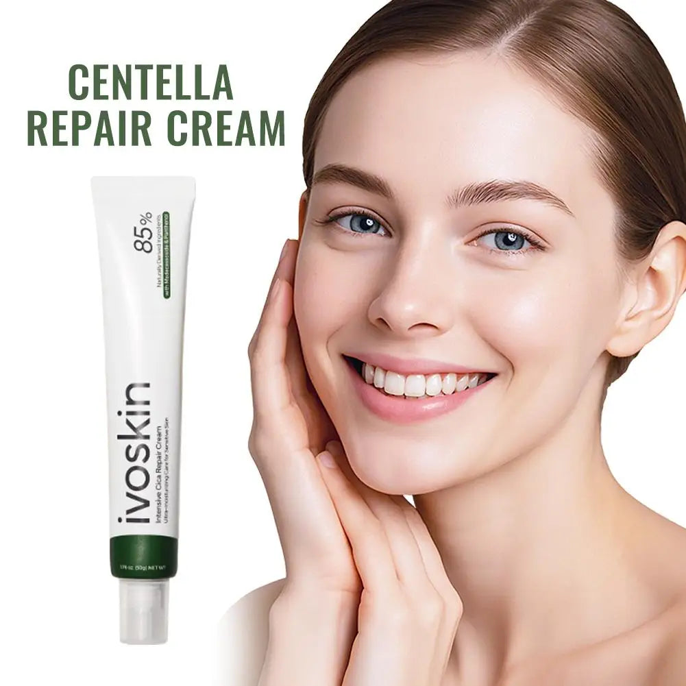 Woman with smooth skin holding her face, next to an ivoskin Centella Repair Cream tube.