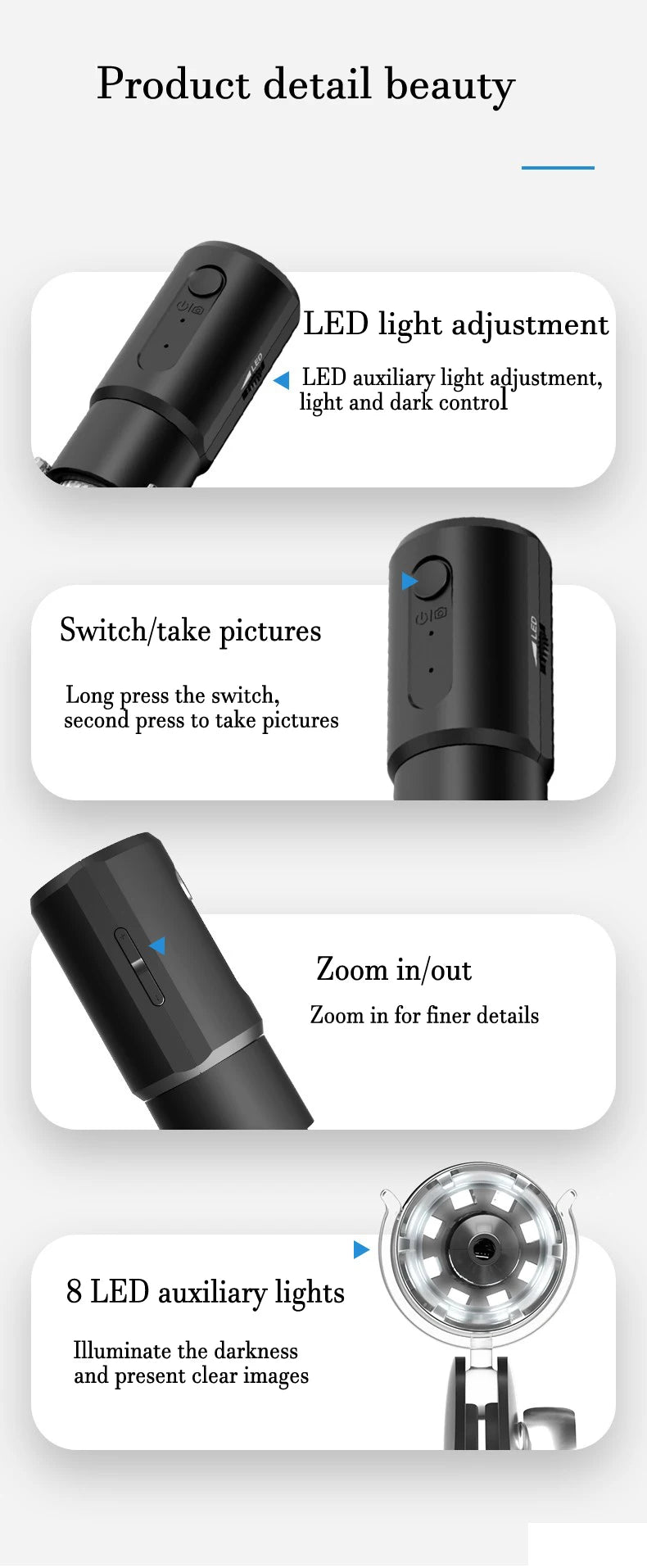 Product detail of a camera light with features like LED light adjustment, switch for taking pictures, zoom function, and auxiliary lights.