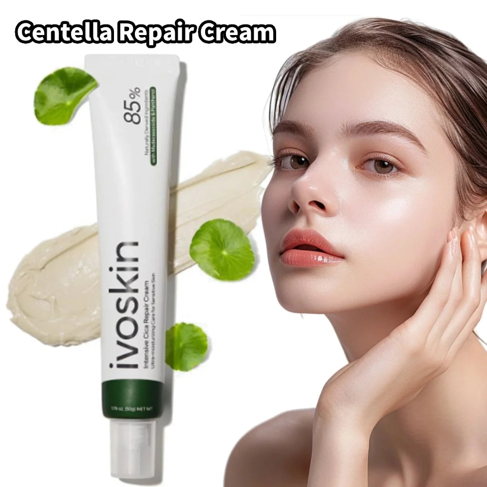 Ivoskin Centella Repair Cream with a model applying cream to her face