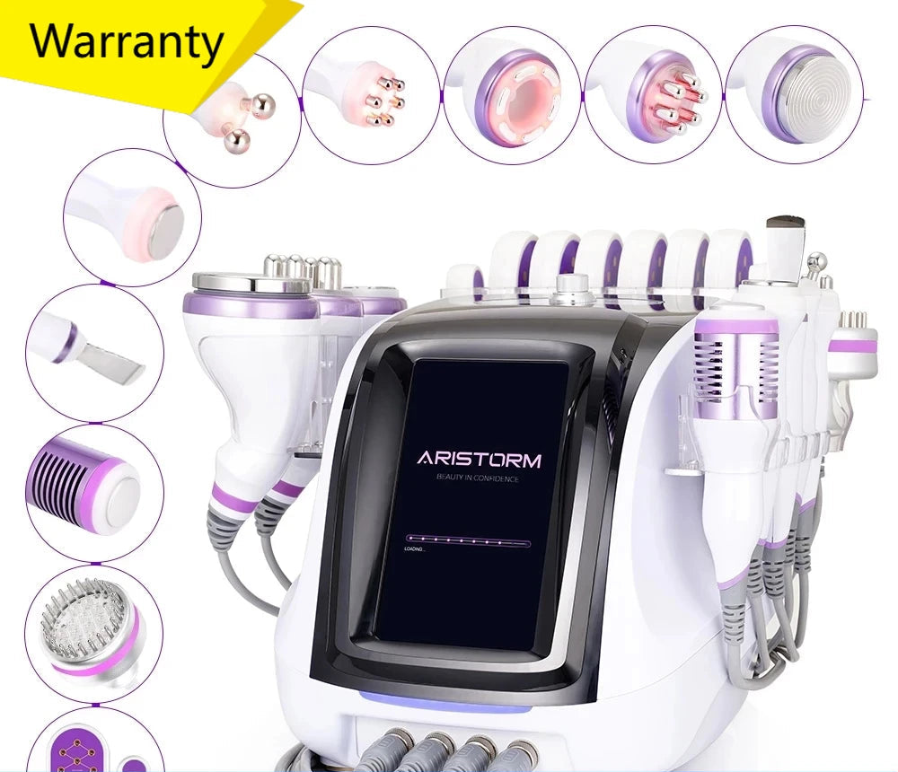 Aristorm skincare device with attachments and warranty information displayed.