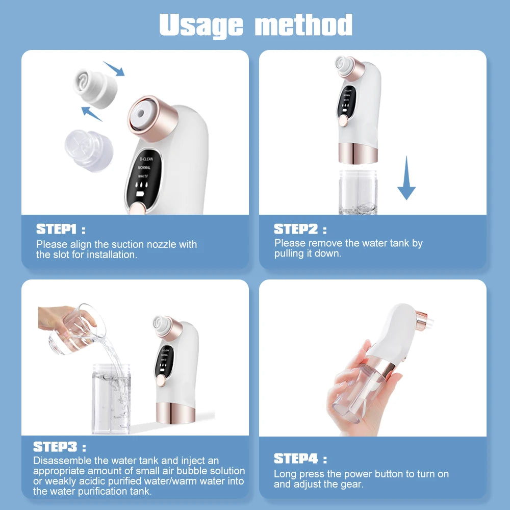 Instructions for using a white electronic device with a water tank on a blue background