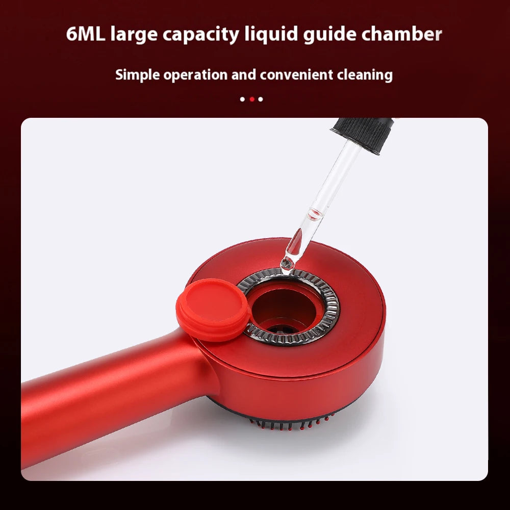 Red laboratory apparatus with a dropper and text about a 6ML liquid guide chamber.