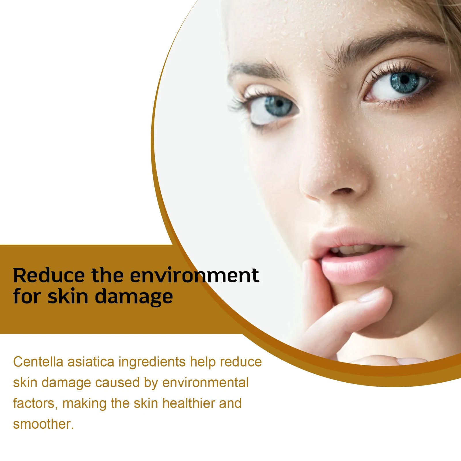 Woman's face with text about reducing skin damage caused by environmental factors