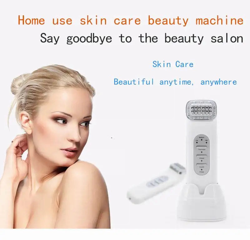 Home use skin care beauty machine with a woman and product on a white background