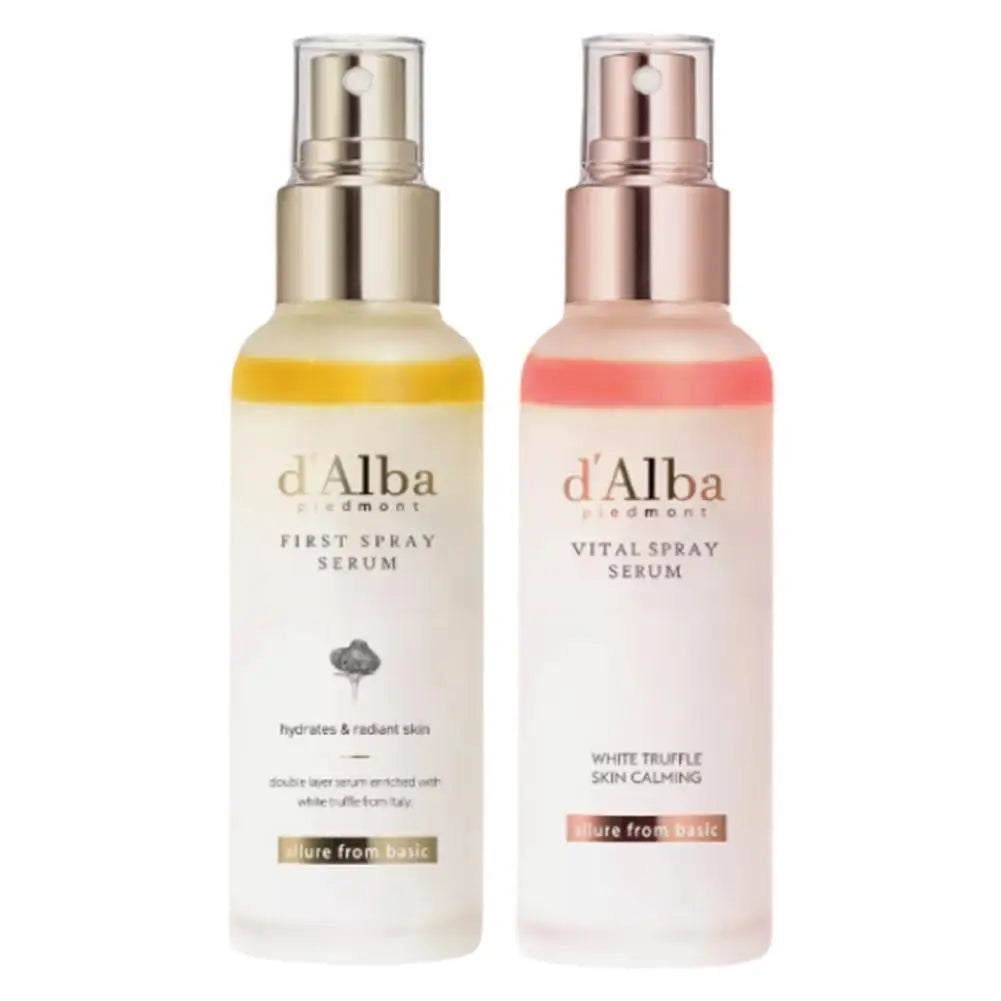 Two d'Alba spray serum bottles on a white background
