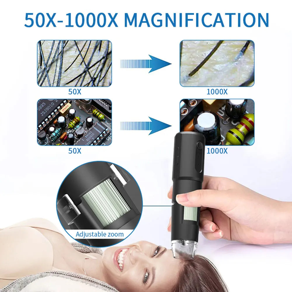Handheld magnifying device with 50X-1000X magnification capabilities, showing close-up images and a woman's face.