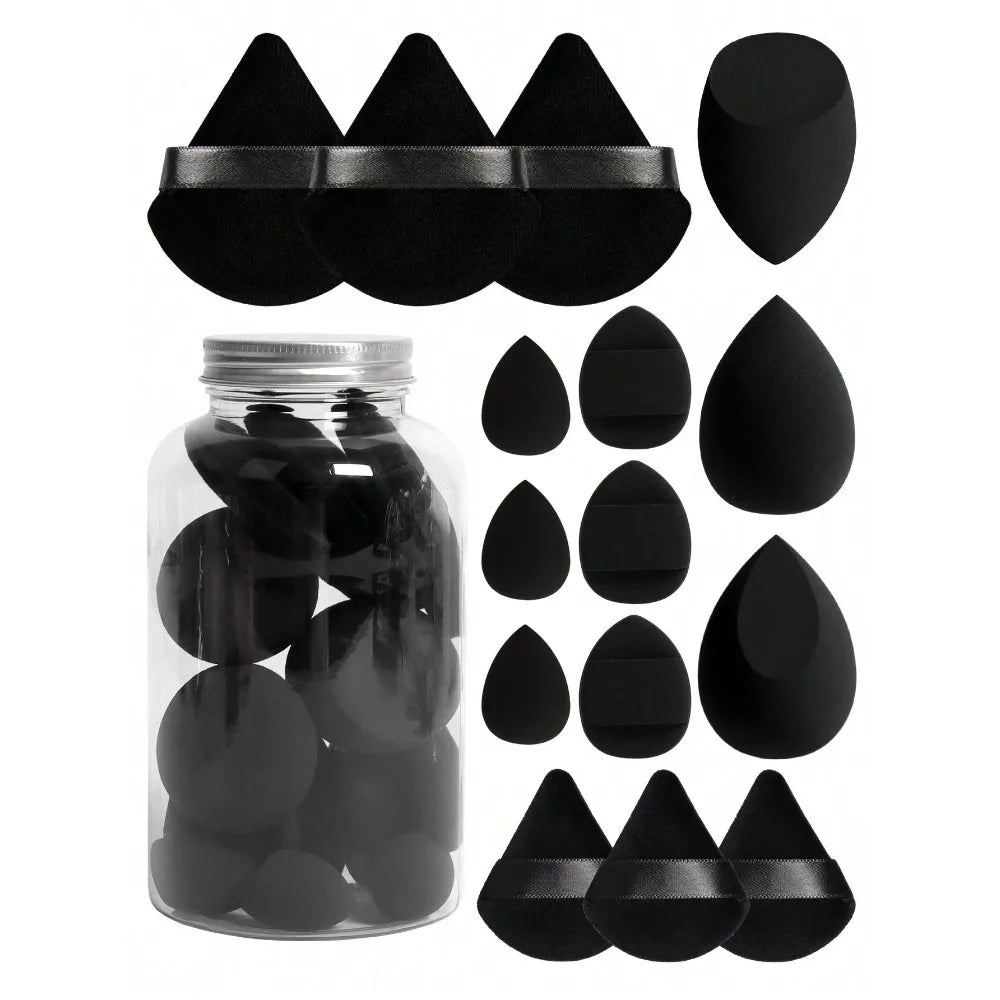 black makeup sponge blender with triangle powder puff and mini finger powder puff in a jar