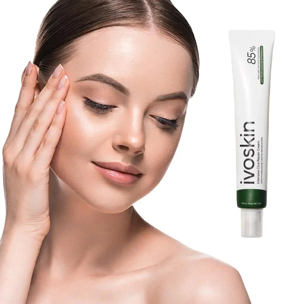 Woman touching her face with ivoskin cream tube on a white background