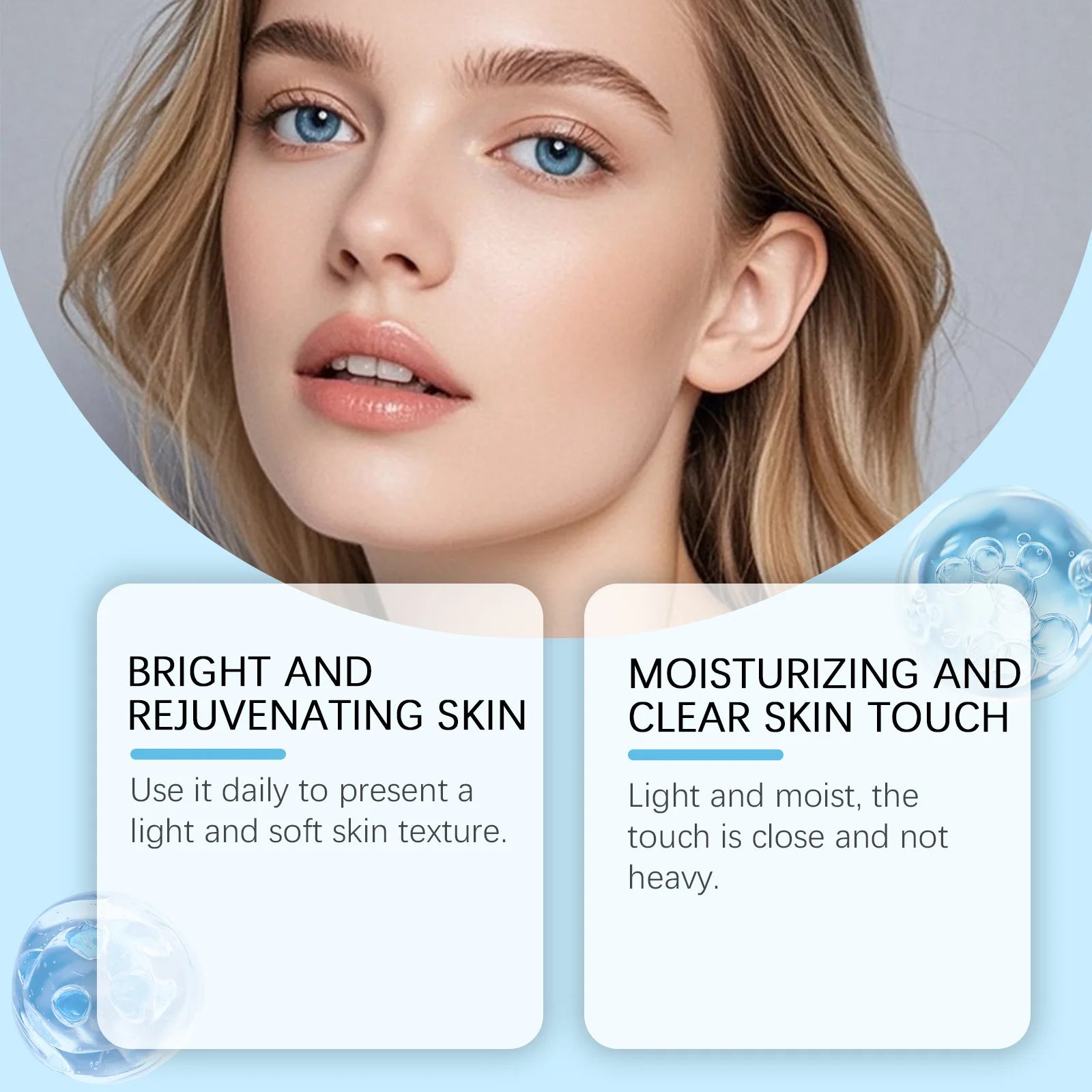Woman with glowing skin and text about bright and rejuvenating skin and moisturizing effects.