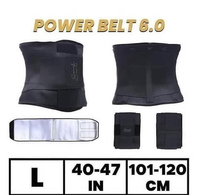 Power Belt 6.0 waist trainer Sammy J body shaper Large with sauna linen for extra sweat result with size and measurement information on a white background