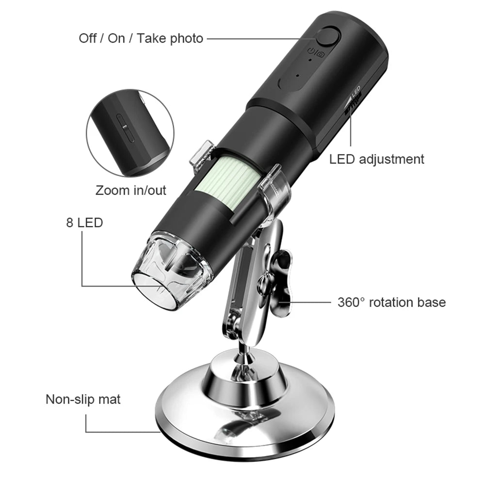 Digital microscope with labeled features on a white background