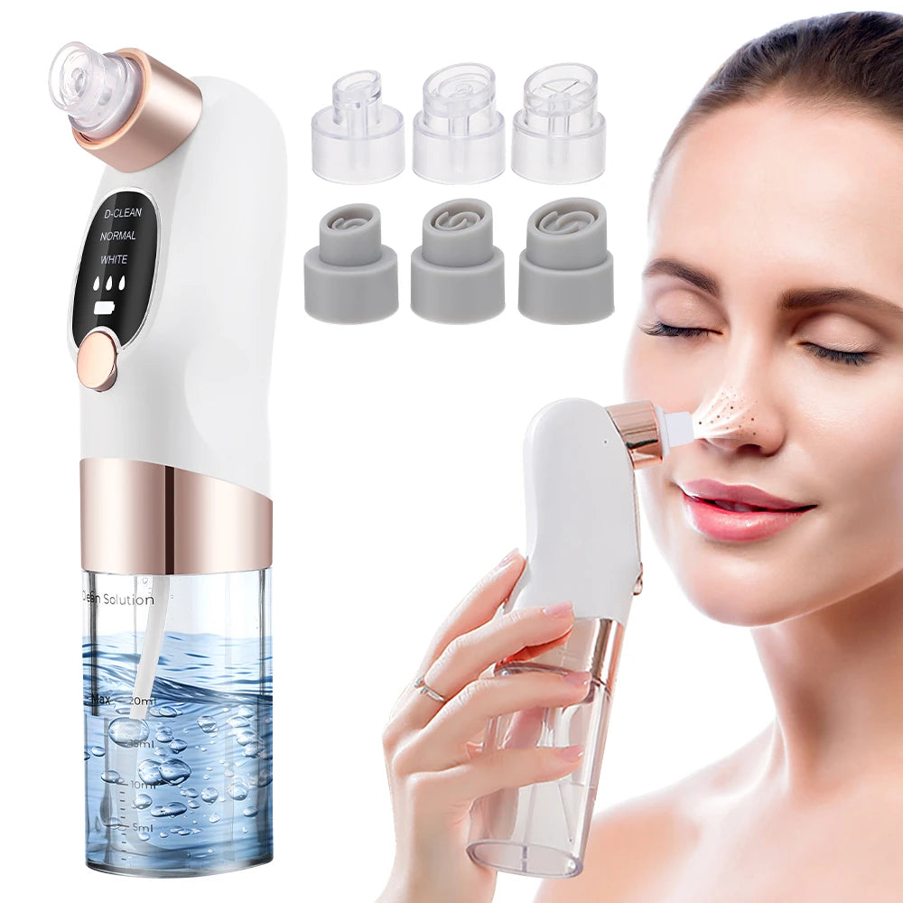 Skincare device with attachments and a woman using it on her face.