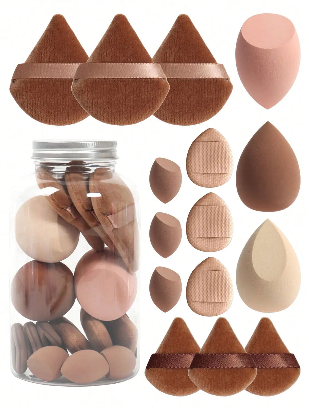 brown 2 makeup sponge blender with triangle powder puff and mini finger powder puff in a jar