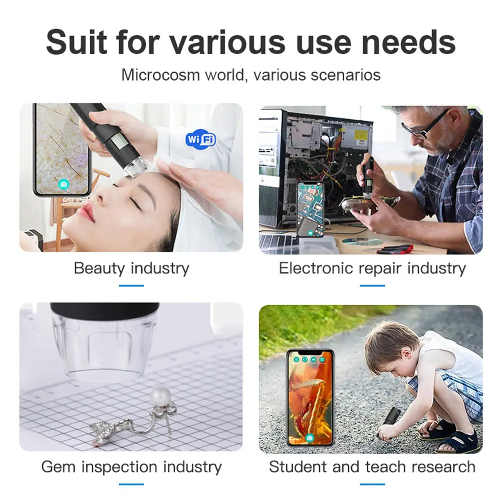 Collage of scenarios including beauty, electronic repair, gem inspection, and teaching research, with a focus on a smartphone and its uses.