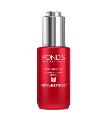 Red serum bottle with silver cap on a white background, featuring Pond's branding.