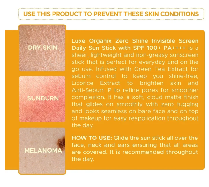 Luxe Organix Zero Shine Invisible Screen Daily Sun Stick product details