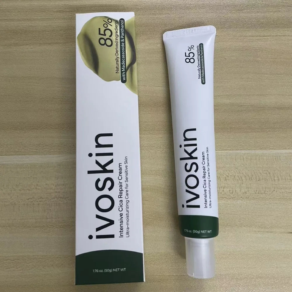 Ivoskin Intensive Cica Repair Cream packaging and tube on a wooden surface