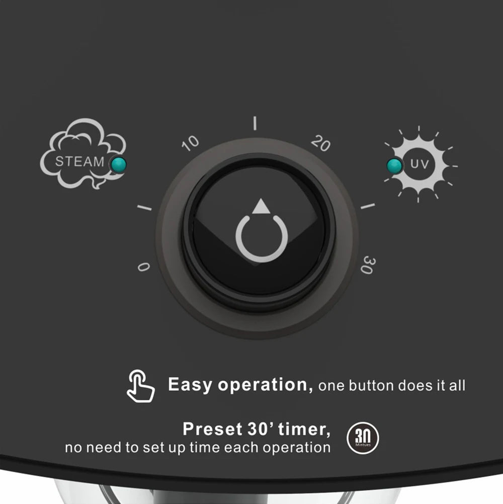 Control panel with a dial and indicator lights on a black background