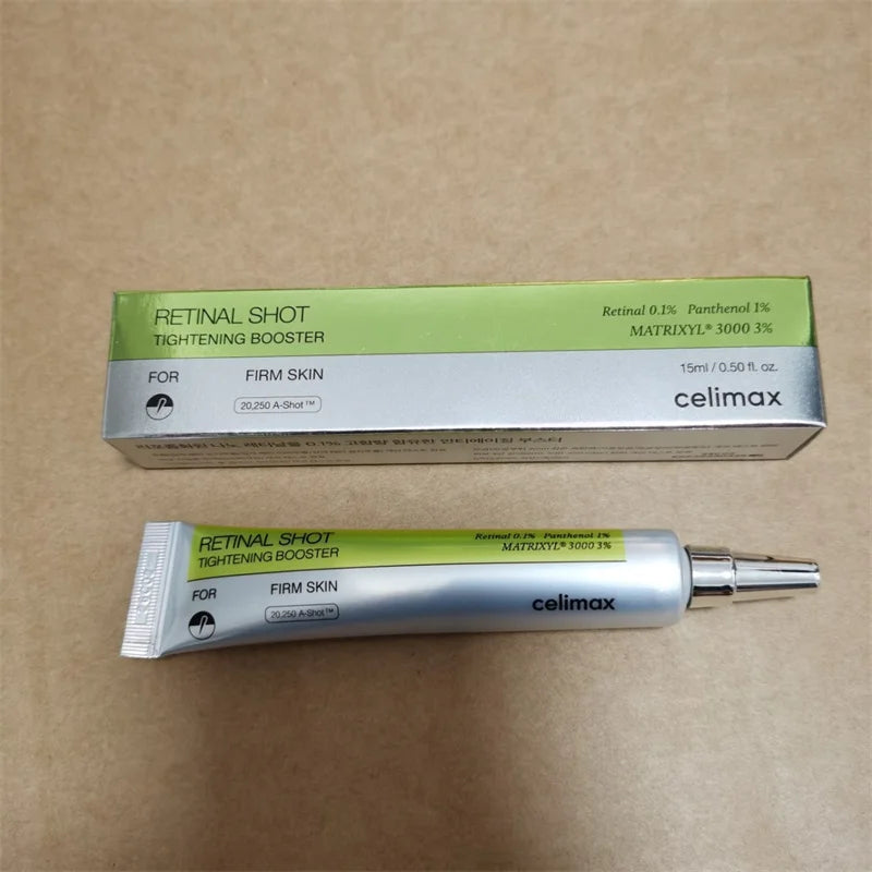 Celimax retinal shot tightening booster with packaging on a brown background