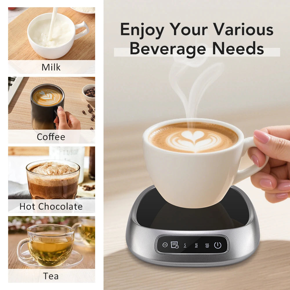 Hot beverage station with various drinks and text 'Enjoy Your Various Beverage Needs'.