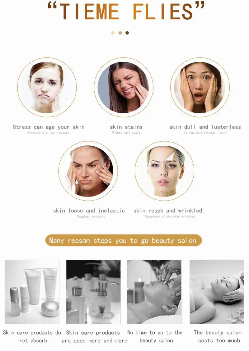 Advertisement for skincare products with images of stressed faces and product packaging.