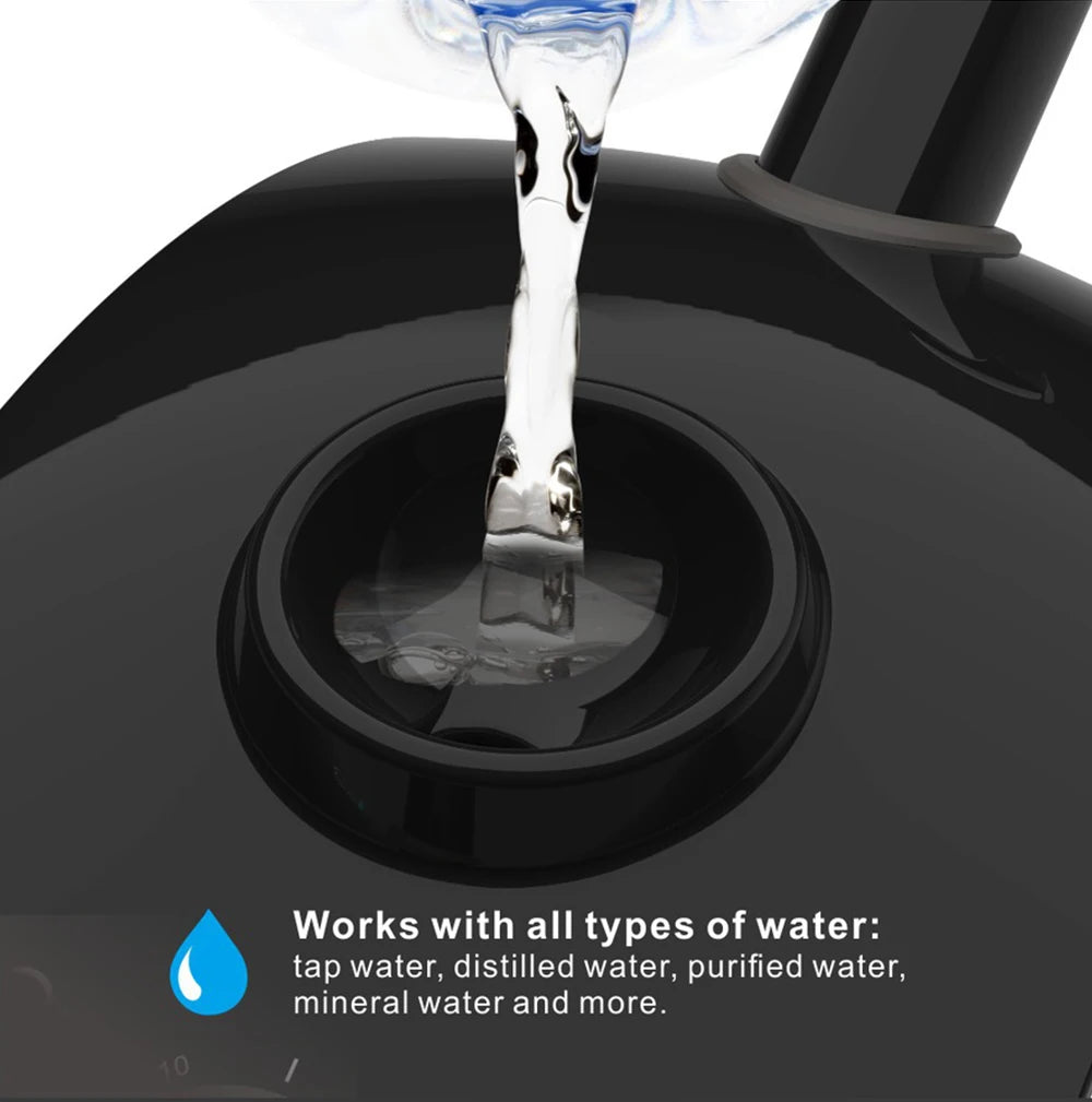 Water being poured into a black water filter pitcher with text indicating compatibility with various types of water.