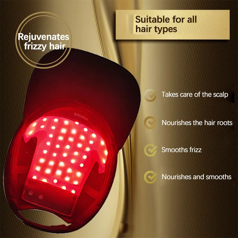 Red LED device for hair care with text highlighting its benefits on a gold background