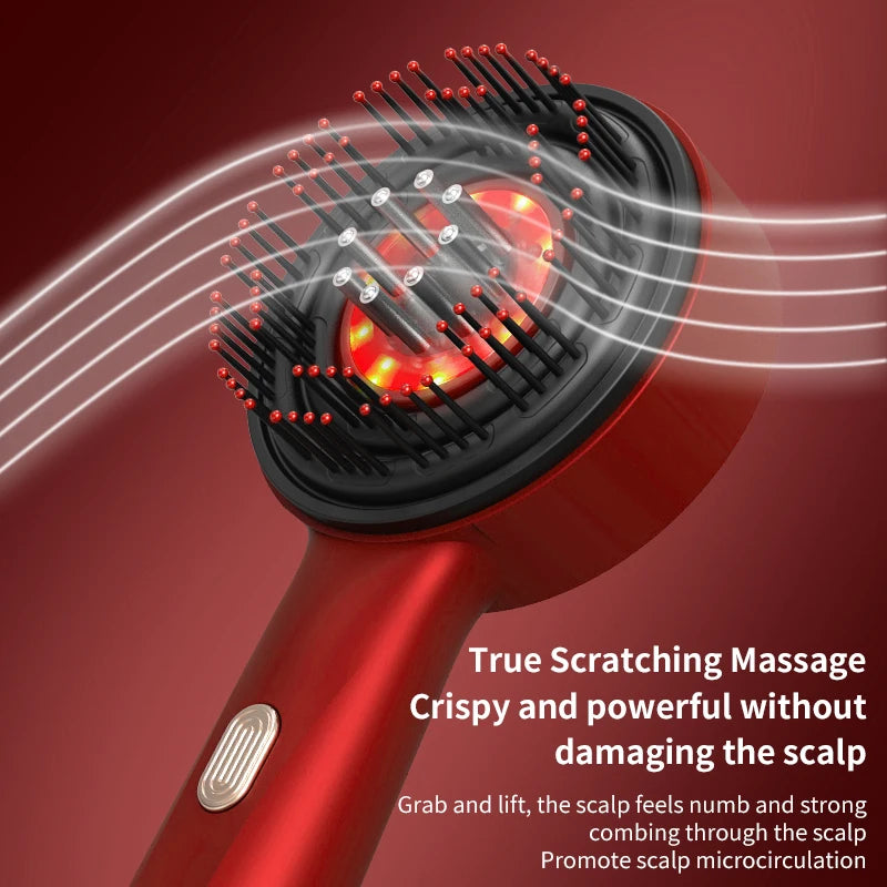 Red scalp massage tool with black bristle head on a red background