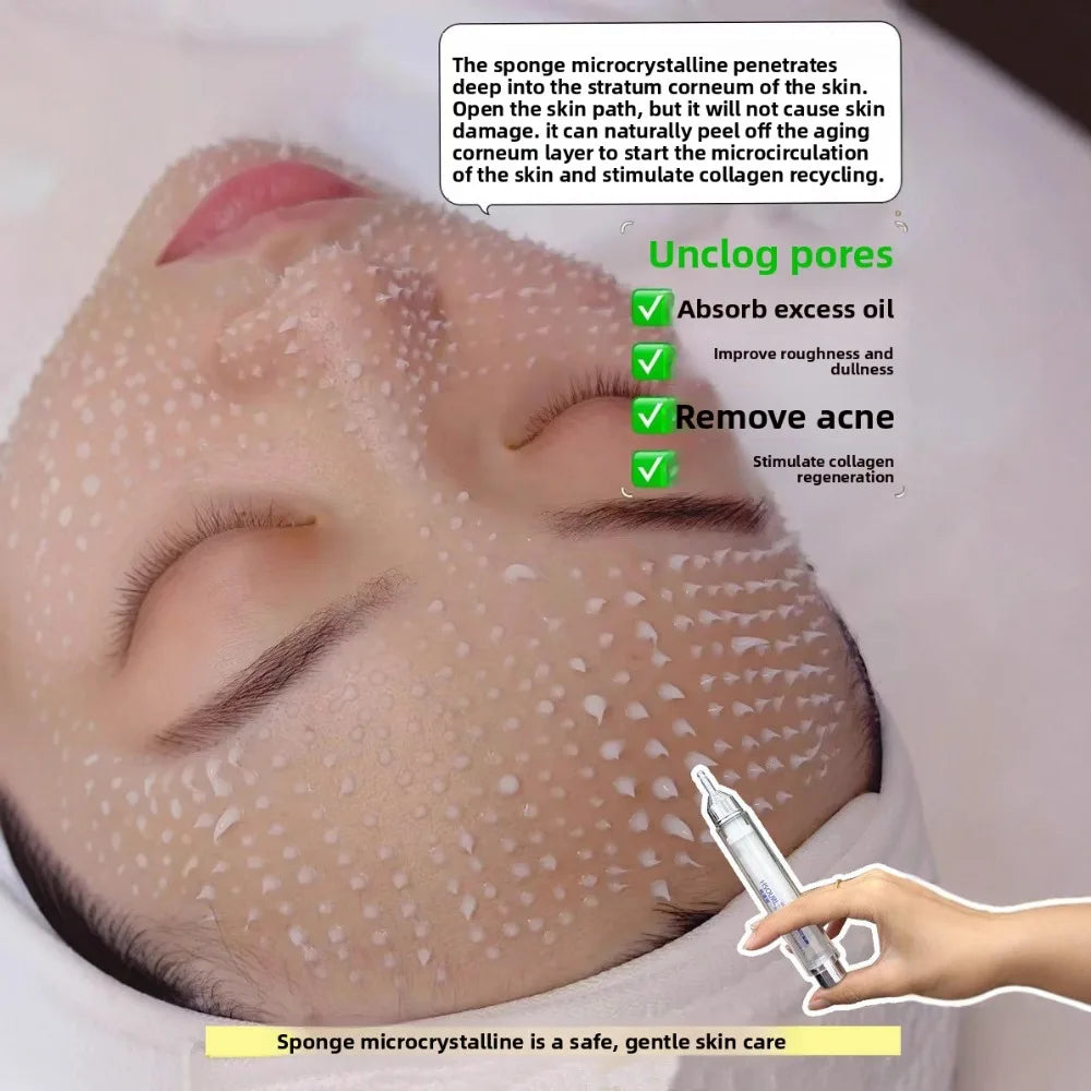 Facial treatment with sponge microcrystalline and text about skin care benefits.